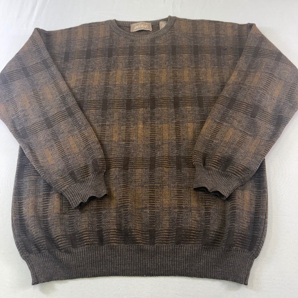 Lord & Taylor Mens Merino Wool Sweater Brown Plaid Made in Italy Size M Crewneck